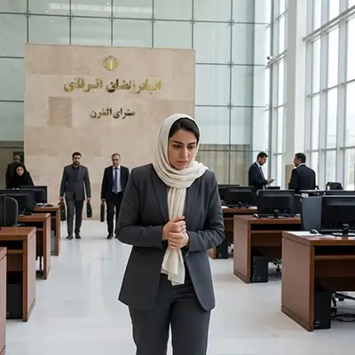 زنی با پوشش رسمی در فضای یک نهاد اداری یا قضایی در حال حرکت است؛ سالن بزرگ، میزهای کاری و حضور افراد دیگر، فضایی رسمی، جدی و مرتبط با حقوق و ساختارهای نهادی را نشان می‌دهد.
