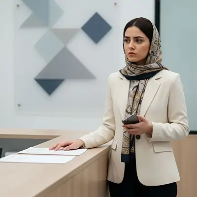 زنی با پوشش رسمی پشت میز ایستاده و تلفن همراهی در دست دارد؛ فضای داخلی مدرن و حالت چهره او حس تمرکز، مسئولیت‌پذیری و مواجهه با یک موقعیت رسمی یا تصمیم مهم را القا می‌کند.