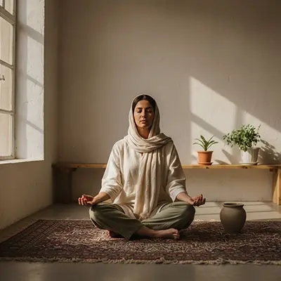 زنی با لباس سفید نشسته روی فرش مقابل پنجره در اتاقی با نور ملایم