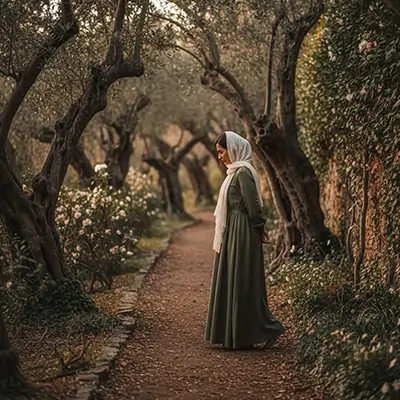 زنی ایستاده در پیاده راهی میان باغ