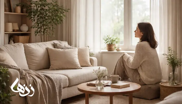 زنی با پوشش ساده روی مبل در نشیمن روشن نشسته و به پنجره نگاه می‌کند؛ فضای خانه آرام، مینیمال و نور طبیعی دارد.