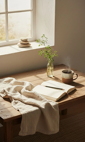 دفتر یادداشت کنار فنجان نوشیدنی داغ روی میز چوبی