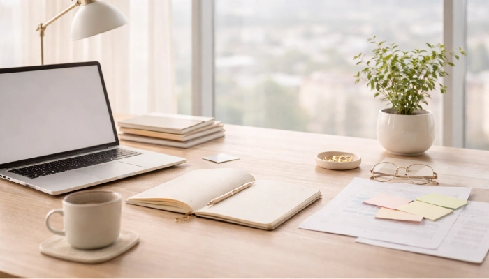 میز کار تحریریه با طراحی مینیمال و نور طبیعی، شامل لپ‌تاپ، دفتر یادداشت، فنجان قهوه و عناصر ساده، نمادی از فضای آرام و مسئولانه تولید محتوای تحلیلی.