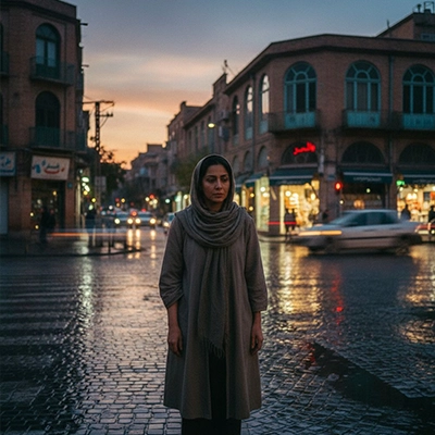 زنی با لباس طوسی ایستاده در چهار راهی با ساختمان های قدیمی