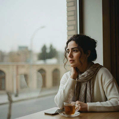 زنی با لباس سفید و شال طوسی با فنجان چای روی میز نشسته روبه روی پنجره