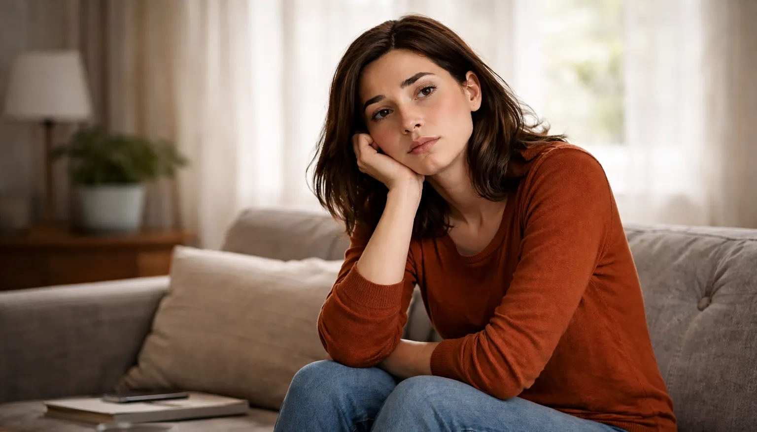 زنی نشسته روی مبل در فضای آرام خانه، غرق در فکر و تأمل درباره نقش‌هایی که از خانواده مبدأ با خود حمل کرده است