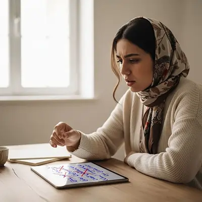 زنی با روسری کنار میز نشسته و با تمرکز به برگه‌ای پر از خطوط و نشانه‌ها نگاه می‌کند؛ نور طبیعی از پنجره می‌تابد و حال‌وهوای اندیشه و درگیری ذهنی را القا می‌کند.