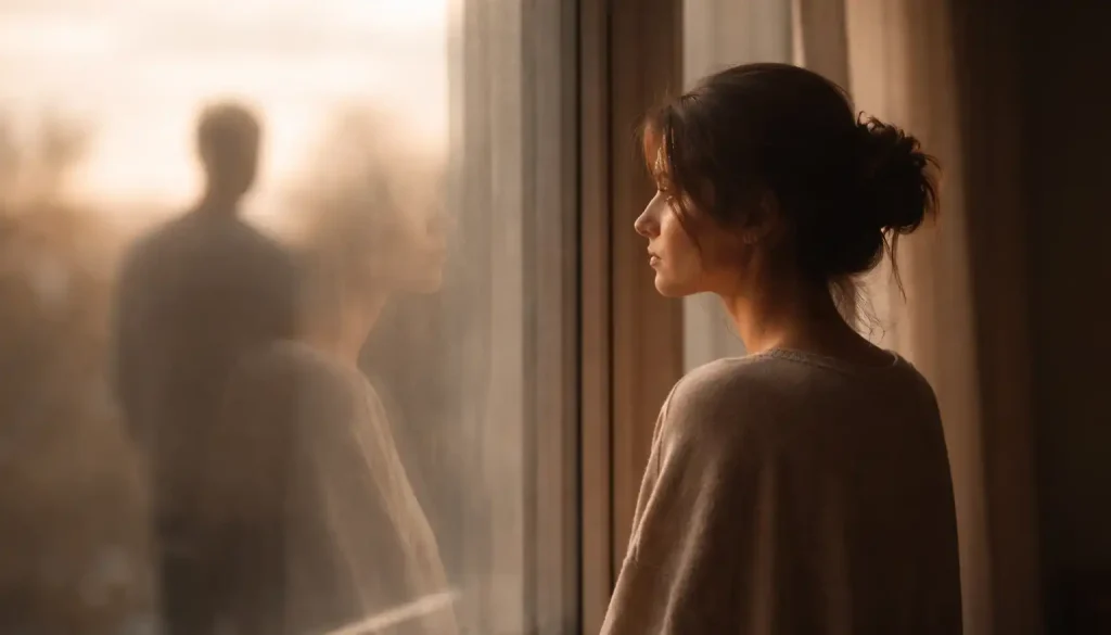زن جوانی کنار پنجره در نور ملایم عصر ایستاده و به بیرون نگاه می‌کند؛ بازتاب چهره‌اش روی شیشه دیده می‌شود و سایه‌ای محو در پس‌زمینه حس فاصله عاطفی را القا می‌کند.
