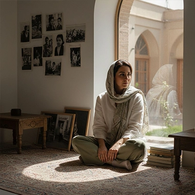 زنی با لباس سفید و شال طوسی روبه روی پنجره بزرگ با معماری سنتی