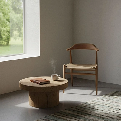 میز و صندلی مینیمال قهوه ای روشن مقابل پنجره با نور ملایم