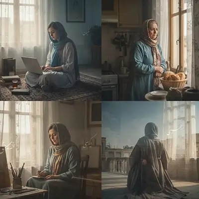 مجموعه‌ای از صحنه‌های زندگی روزمره زنان در فضای خانه؛ زنانی با پوشش ساده در حال کار با لپ‌تاپ، نوشتن، آماده‌سازی غذا و ایستادن کنار پنجره، با نور طبیعی و حال‌وهوای تأمل، سکوت و زیست فردی.