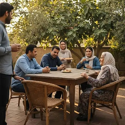 جمعی خانوادگی در فضای باز حیاط؛ چند زن و مرد در کنار یک زن سالمند دور میز نشسته‌اند و در حال گفت‌وگو و نوشیدن چای هستند، فضایی صمیمی، بین‌نسلی و نشان‌دهنده روابط اجتماعی و خانوادگی.