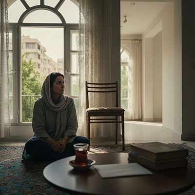 زن جوان نشسته روی فرش در سالن خانه ای بزرگ