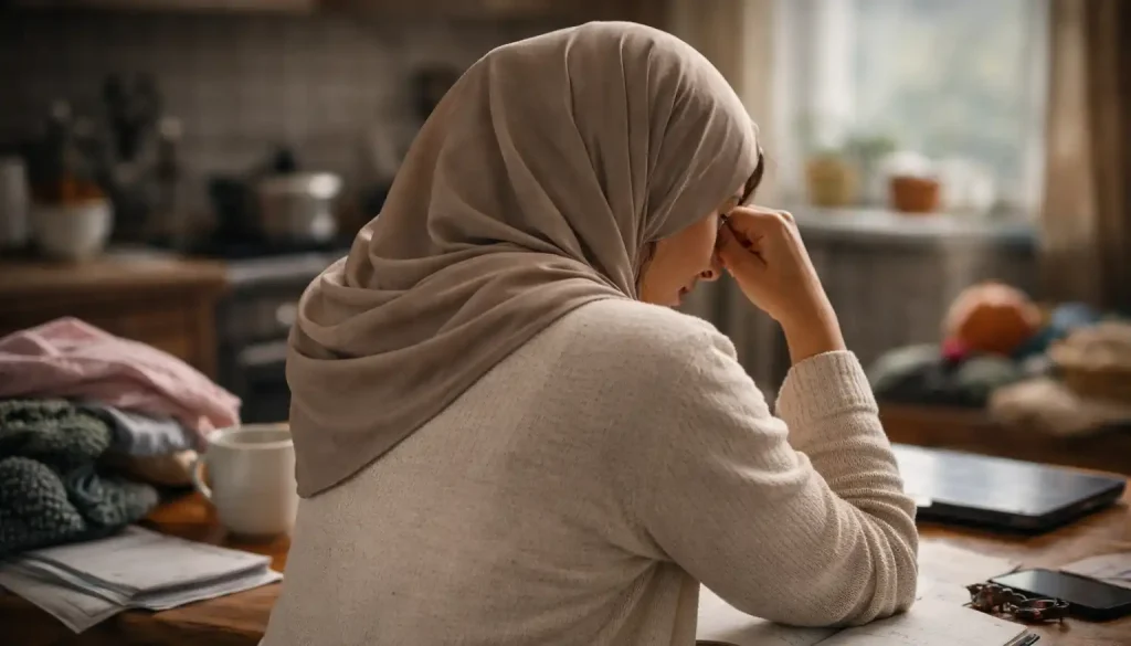 زنی با پوشش ساده و آرام، نشسته پشت میز خانه، در حال مکث و فکر کردن؛ فضایی روزمره که حس خستگی خاموش و ادامه‌دادن بی‌صدا را منتقل می‌کند.