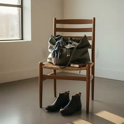 کیف زنانه روی صندلی و یک جفت کفش زیر صندلی در اتاق خالی