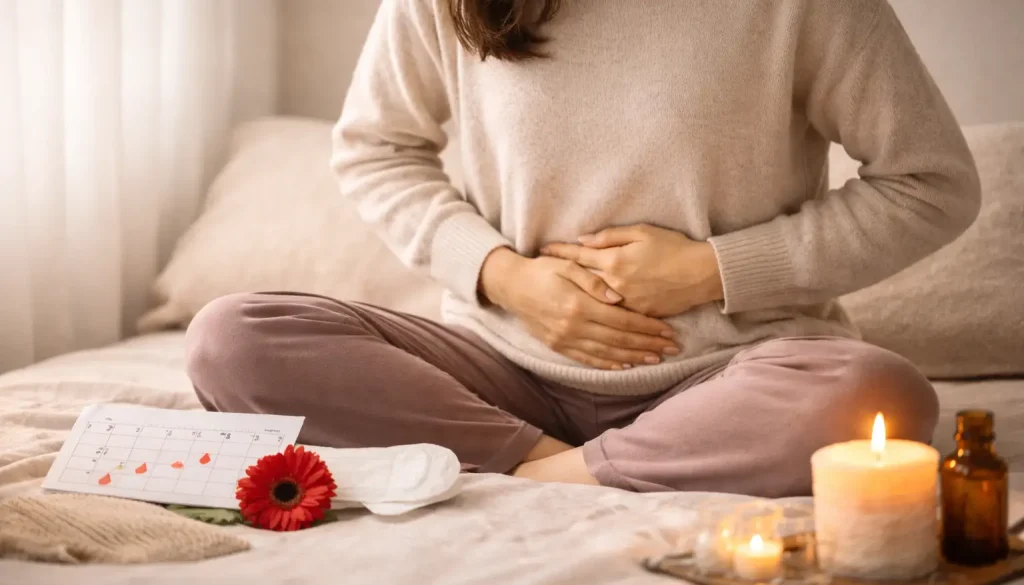 زن با پوشش راحت و مناسب، نشسته و در حال توجه به نشانه‌های بدن در چرخه قاعدگی
