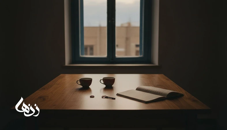 میز چوبی کنار پنجره با دو فنجان چای و دفترچه یادداشت؛ تصویر نمادین کشمکش احساس و منطق در انتخاب شریک بالغ