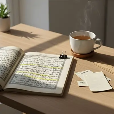 کتاب باز با متن خط‌کشی‌شده روی میز روشن، فنجان چای داغ با بخار ملایم، چند یادداشت کوچک و گیره کاغذ؛ لحظه‌ای از مطالعه و تمرکز در نور طبیعی.