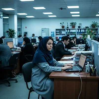 زنی کارمند نشسته پشت میز در محل کار