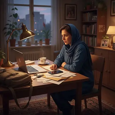 زنی با لباس آبی پشت میز در حال مطالعه در نور چراغ مطالعه هنگام شب