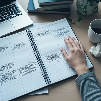 دفتر یادداشت برنامه های روزانه با برنامه های خط خورده