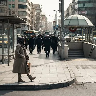 زنی ایستاده مقابل ایستگاه مترو در خیابان با پالتو بلند