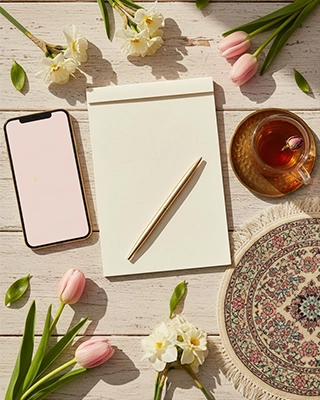 دفتر یادداشت عمودی با مداد کنار گوشی موبایل و فنجان شیشه ای چای کنار گل های لاله و نرگس