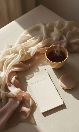 شاحل حریر کنار قهوه داغ برگه یادداشت روی میز