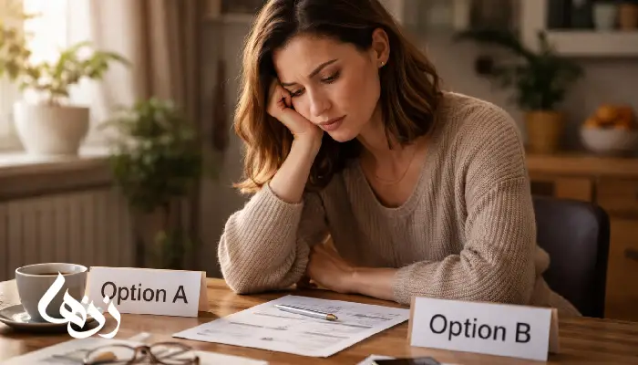 «زنی در فضای خانه پشت میز نشسته و با چهره‌ای متفکر میان دو گزینه تصمیم‌گیری مردد است؛ تصویر واقع‌گرایانه و افقی.»