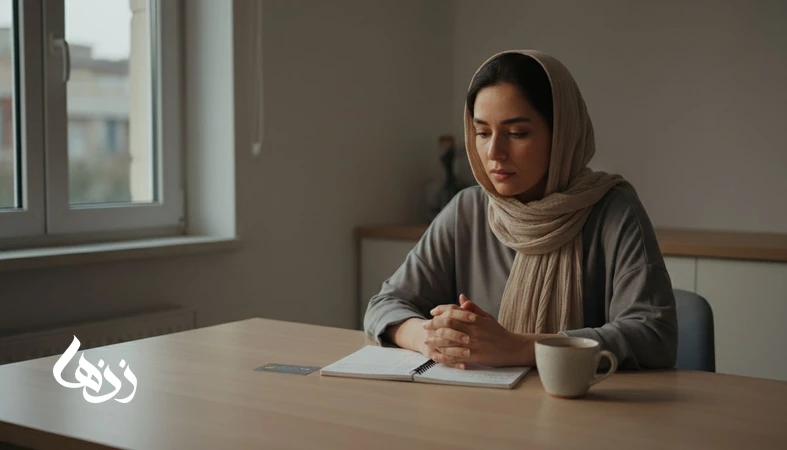 زن در خانه کنار میز ساده با دفترچه حساب و کارت بانکی، در حال تجربه اضطراب مالی با وجود درآمد و نگرانی از آینده اقتصادی