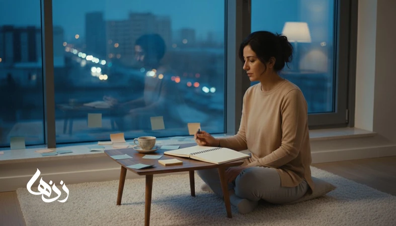 زن نشسته کنار پنجره با دفتر باز و فضای آرام؛ تصویر نمادین نشخوار فکری و تصمیم نگرفتن