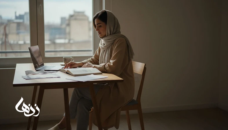 زن در فضای کار خانگی در حال برنامه‌ریزی شروع کسب‌وکار؛ تصویرسازی از ریسک‌های ساختاری مثل سرمایه، شبکه و اعتبار حرفه‌ای